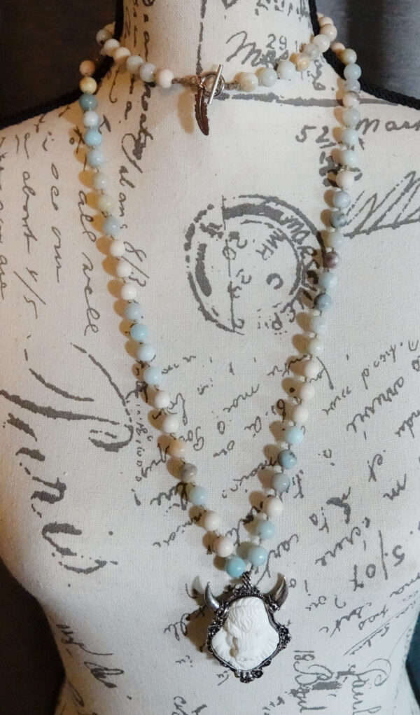 Hand-Knotted long necklace w/Buffalo Pendant N10824F - Image 9