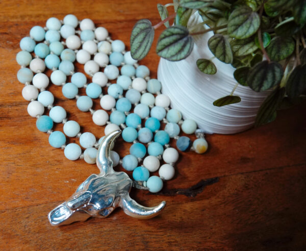 Hand-Knotted long necklace w/Cowskull Pendant N10724F - Image 4