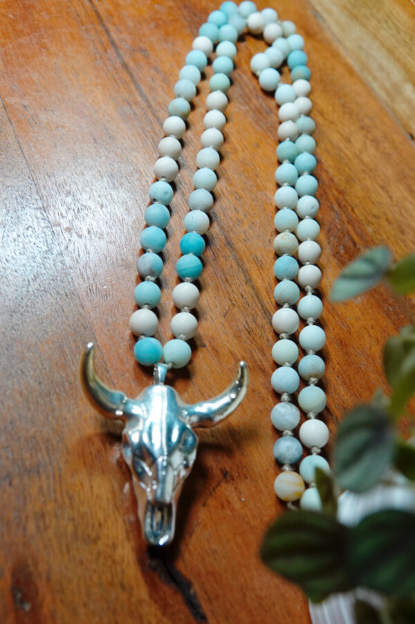 Hand-Knotted long necklace w/Cowskull Pendant N10724F - Image 5