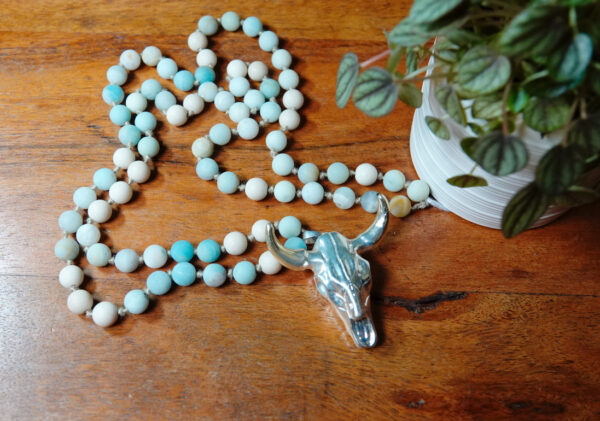 Hand-Knotted long necklace w/Cowskull Pendant N10724F