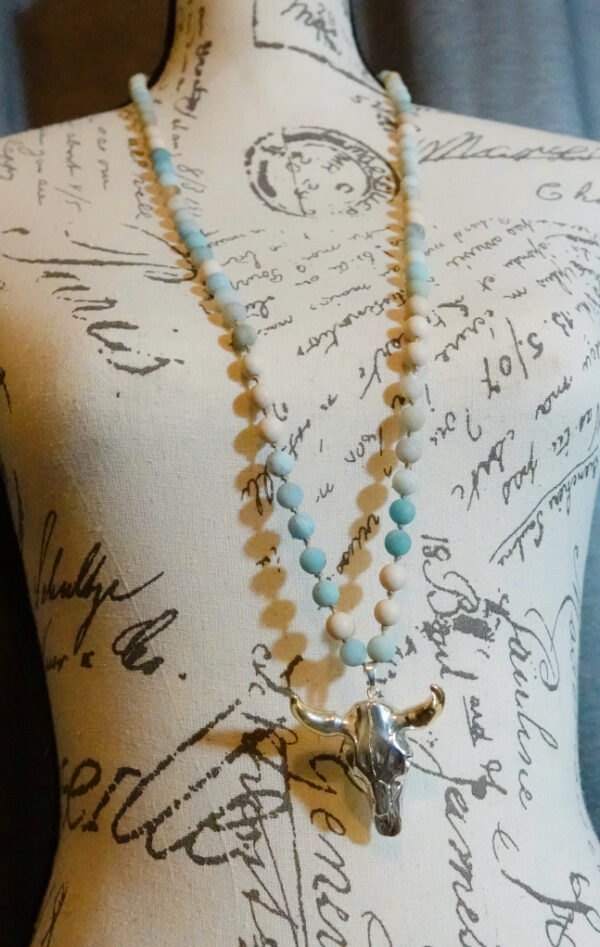 Hand-Knotted long necklace w/Cowskull Pendant N10724F - Image 7